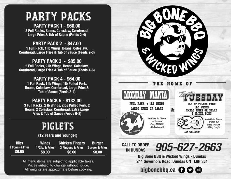 Big Bone BBQ Dundas location menu